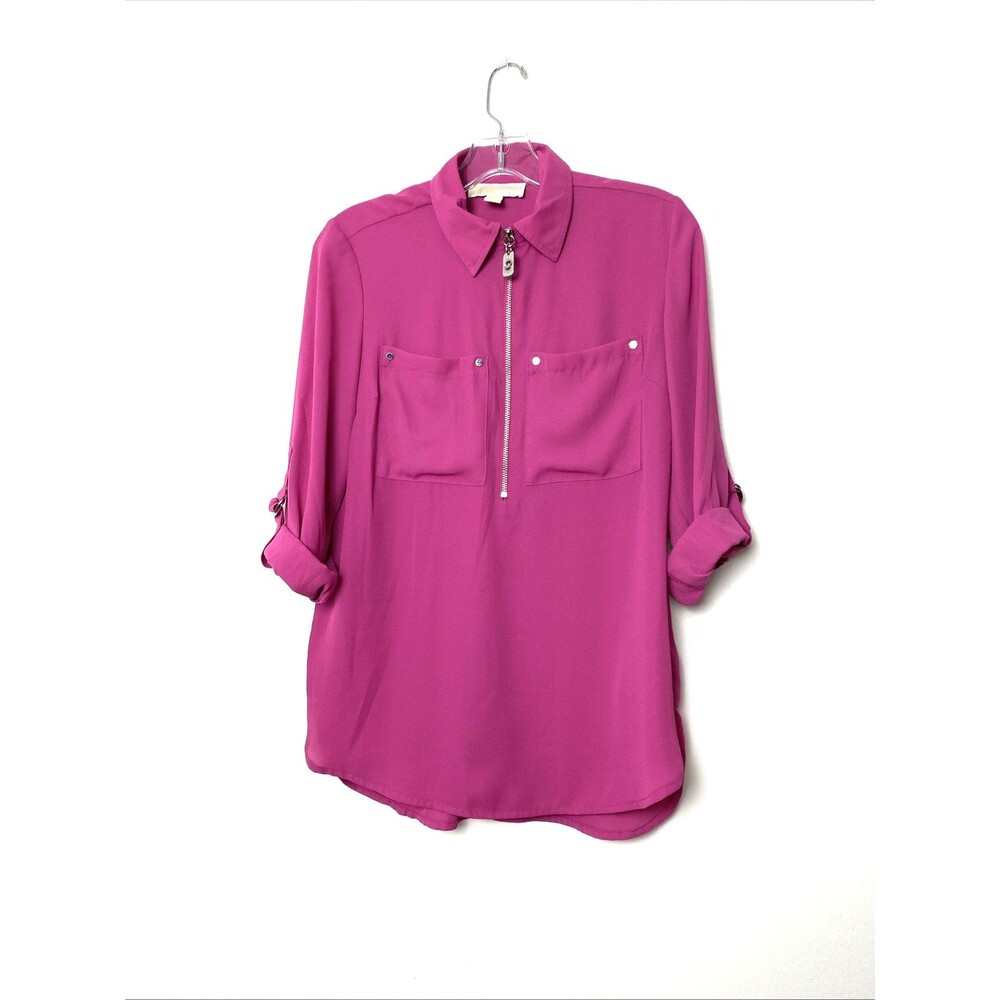 Michael Kors Blouse XS Pink Solid Zip Front Collared Long Roll Sleeve Office